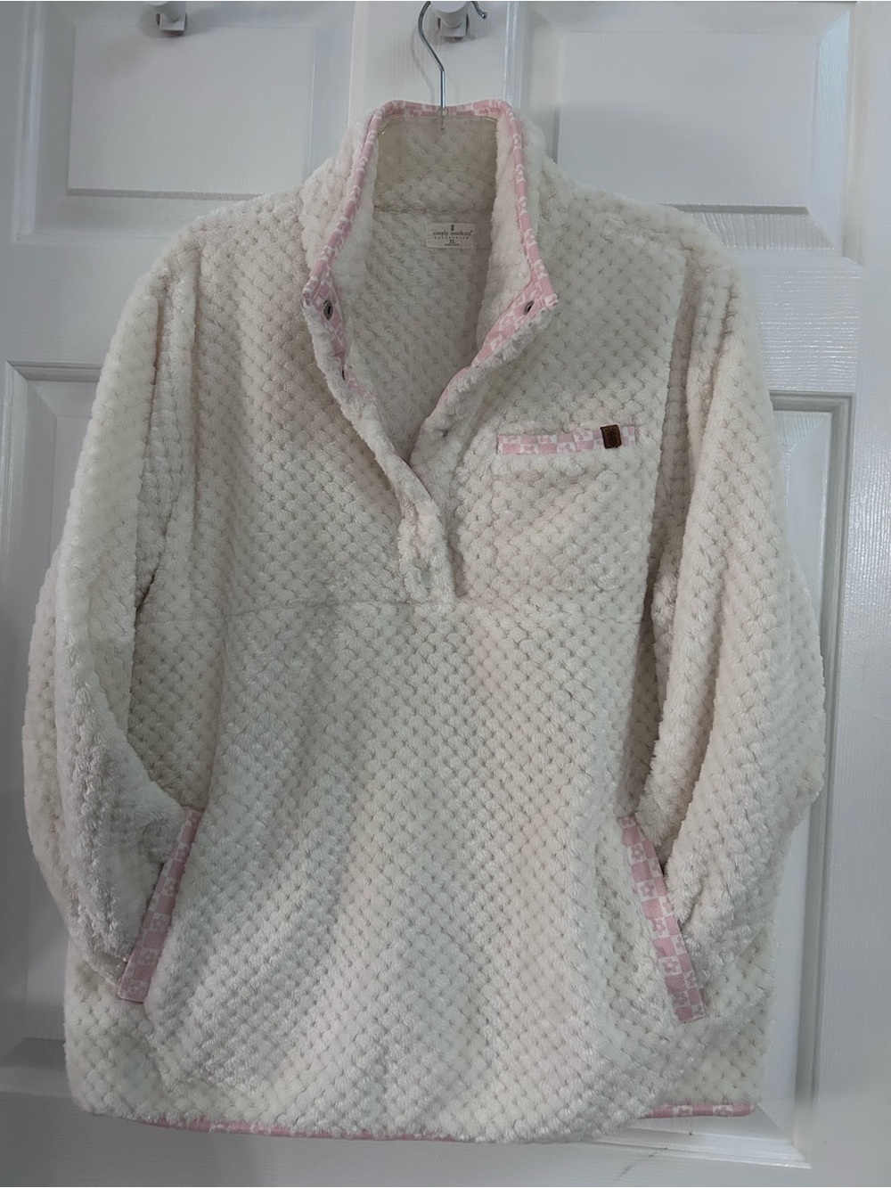 Simply Southern Cream Plush Pullover with Pink Trim